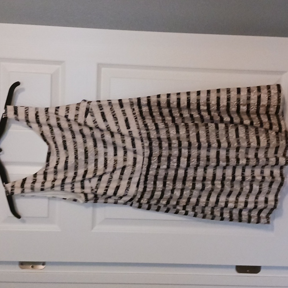 Dress, cream lace overlay with black stripes